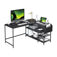 Modern L-Shaped Desk with 2 Drawers and Fabric Organizer, Contemporary Corner Computer Desk for Home Office, 55" L x 46.5" W x 29.5" H, Black(m-6)