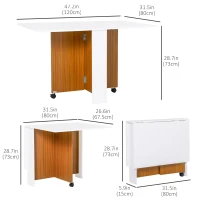 HOMCOM Foldable Dining Table, Drop Leaf Folding Side Table Console Writing Desk with 2 Wheels for Kitchen, Dining Room, Teak, White(m-3)