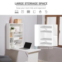 HOMCOM Wall Mounted Fold Out Convertible Desk, Multi-Function Floating Desk with Storage Shelf for Home Office, White(m-5)