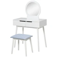 HOMCOM Makeup Vanity Desk with Round Mirror and 2 Drawers, Dressing Table with Cushioned Stool Set for Bedroom (White)(m-11)