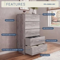Spacious 5-Drawer Fabric Dresser with Wooden Top, Modern Storage Chest Organizer Tower for Closet, 22.5" L x 15.5" W x 43" H, Gray(m-4)