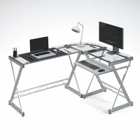 Sleek L-Shaped Computer Desk with Tempered Glass Top, Reversible Corner Workstation Table for Home Office, 61.5" L x 45" W x 29.5" H, Clear(m-6)