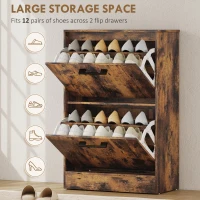 HOMCOM Shoe Cabinet 2 Flip Drawers Narrow Shoe Storage Unit Adjustable Dividers Entryway Hallway Rustic Brown(m-4)