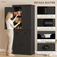 HOMCOM 72" Tall Kitchen Pantry Cabinet, Modern Buffet Storage Cabinet with 4 Beadboard Doors, Drawer and Adjustable Shelves, Black(m-7)