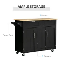 HOMCOM Mobile Kitchen Island with Storage, Kitchen Cart with Wood Top, Storage Drawers, 3-door Cabinets, Adjustable Shelves and Towel Rack, Black(m-4)