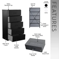 Spacious 5-Drawer Dresser with Water-Resistant Top, Ideal Storage Chest for Bedrooms, Playrooms, Entryways, 22.5" L x 15.5" W x 43" H, Black(m-4)