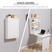 HOMCOM Wall Mounted Fold Out Convertible Desk, Multi-Function Floating Desk with Storage Shelf for Home Office, White(m-4)
