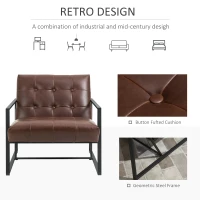 HOMCOM Mid-Century Modern Accent Chair Faux Leather Sofa Button Tufted Armchair with Metal Frame, Brown(m-5)