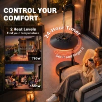 Outsunny Electric Hanging Patio Heater with LED Light, 750/1500 W IP65 Ceiling Mounted Infrared Outdoor Heater, Black(m-7)