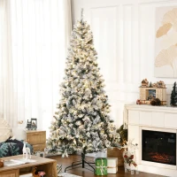 HOMCOM 7.5' Prelit Artificial Flocked Christmas Trees, with Snow Frosted Branches, Warm White LED Lights, Auto Open(m-10)