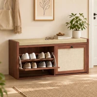 HOMCOM Shoe Storage Bench with Padded Seat, Shoe Storage Bench 2 Rattan Doors for Entryway, Brown(m-10)