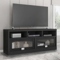 Sleek Durbin TV Stand with Glass Panel Cabinets and Cable Management, Modern Media Sideboard Cabinet for Living Room, 57" L x 15" W x 23" H, Black(m-6)