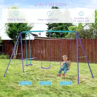 Outsunny Metal Swing Set with Glider, Two S Seats and Adjustable Height, Outdoor Heavy Duty A-Frame Kids Playset Suitable for Playground, Backyard, Purple(m-4)