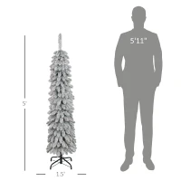 HOMCOM 5' Tall Unlit Slim Pencil Xmas Tree, Snow-Flocked Artificial Christmas Tree with Realistic Branches and 301 Tips, Green(m-3)