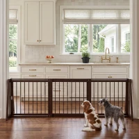 PawHut 28"-75" Freestanding Wooden Pet Gate with Support Feet & Non-Slip Mats for Indoor, Stairway, Doorway, Brown(m-2)
