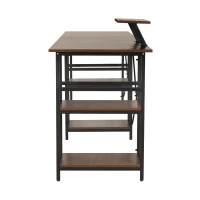 Industrial L-Shaped Desk with Raised Monitor Stand and Open Shelves, Modern Corner Computer Workstation for Home Office, 59" L x 59" W x 35" H, Walnut(m-14)