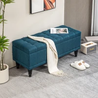 HOMCOM Storage Ottoman, Linen Fabric End of Bed Bench with Button Tufted Storage Bench for Bedroom, Blue(m-8)