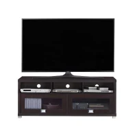 Sleek Durbin TV Stand with Glass Panel Cabinets and Cable Management, Modern Media Sideboard Cabinet for Living Room, 57" L x 15" W x 23" H, Espresso(m-9)