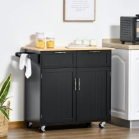 HOMCOM 41" Modern Rolling Kitchen Island on Wheels, Utility Cart Storage Trolley with Rubberwood Top & Drawers, Black(m-10)