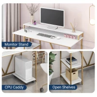 Industrial Writing Desk with Elevated Hutch Shelf and CPU Caddy, Modern Computer Table for Home Office, 46.5" L x 19" W x 34" H, Gold(m-5)