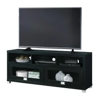 Sleek Durbin TV Stand with Glass Panel Cabinets and Cable Management, Modern Media Sideboard Cabinet for Living Room, 57" L x 15" W x 23" H, Black(m-8)