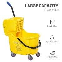 HOMCOM Mop Bucket Cart with Side Press Wringer, Metal Handle and 34 Quart Capacity, Yellow(m-6)