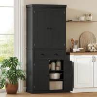 HOMCOM 72" Tall Kitchen Pantry Cabinet, Modern Buffet Storage Cabinet with 4 Beadboard Doors, Drawer and Adjustable Shelves, Black(m-1)