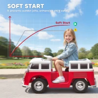 Qaba 12V Kids Ride on Car, Lisensed Volkswagen T1 Electric Vehicle with Dual Motor and Soft Start for 3-7 Years, Red(m-6)