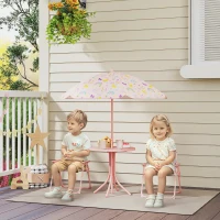 Qaba Kids Picnic Table and Chair Set, Outdoor Activity Table with Foldable Chairs, Removable Umbrella for Backyard, Pink(m-2)
