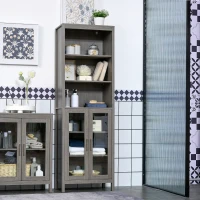 kleankin Tall Bathroom Storage Cabinet with 3 Tier Shelf, Glass Door Cabinet, Freestanding Linen Tower with Adjustable Shelves, Grey Wood Grain(m-10)