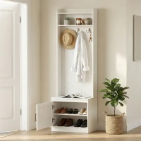 HOMCOM Narrow Hall Tree with Shoe Storage Bench, Rustic Entryway Bench with Coat Rack, Accent Coat Tree with Storage Shelves for Hallway, Mudroom, White Wood Grain(m-8)