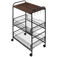 HOMCOM 3 Tier Rolling Kitchen Cart with Storage, Kitchen Island Cart on Wheels with 2 Sliding Fruit Basket, Microwave Cart with Side Hooks for Dining Room, Walnut(m-11)