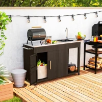 Outsunny Outdoor Grill Table with Stainless Steel Sink and Drainage, Grill Cart with Foldable Side Table and Cabinet, Outdoor Kitchen Island with Wheels, Distressed Brown(m-2)