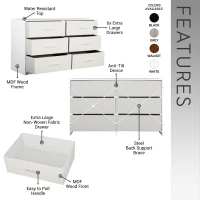 Versatile 6-Drawer Dresser with Water-Resistant Top, Ideal Storage Chest for Bedrooms, Playrooms, Entryways, 44.5" L x 16" W x 26.5" H, White(m-4)