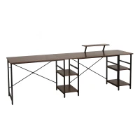 Industrial L-Shaped Desk with Raised Monitor Stand and Open Shelves, Modern Corner Computer Workstation for Home Office, 59" L x 59" W x 35" H, Walnut(m-13)
