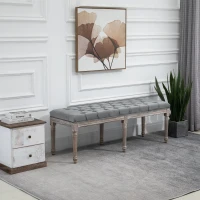 HOMCOM Bedroom End of Bed Bench, 56" Upholstered Entryway Bench with Button Tufted, Thick Padding and Wood Legs, French Vintage Style Linen-Feel Ottoman Bench for Hallway, Living Room, Gray(m-10)