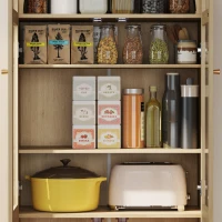HOMCOM Arched Kitchen Pantry Cabinet, 71" Tall Farmhouse Kitchen Storage Cabinet with Acrylic Glass Doors, Oak(m-10)