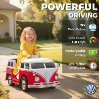 Qaba 12V Kids Ride on Car, Lisensed Volkswagen T1 Electric Vehicle with Dual Motor and Soft Start for 3-7 Years, Red(m-5)