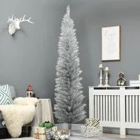 HOMCOM 7ft Unlit Pencil Artificial Christmas Tree with Realistic Branches and 499 Tips, Plastic Base, Silver(m-10)