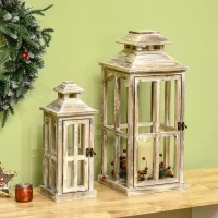 HOMCOM 2 Pack 28"/20" Large Rustic Wooden Lantern Decorative, Indoor/Outdoor Lantern for Home Décor (No Glass), Natural(m-2)