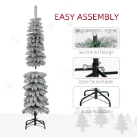 HOMCOM 5' Tall Unlit Slim Pencil Xmas Tree, Snow-Flocked Artificial Christmas Tree with Realistic Branches and 301 Tips, Green(m-6)