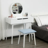 HOMCOM Makeup Vanity Desk with Round Mirror and 2 Drawers, Dressing Table with Cushioned Stool Set for Bedroom (White)(m-8)