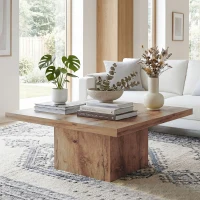 HOMCOM Square Coffee Table, Center Table with 1.6" Thick Tabletop, Light Brown(m-10)