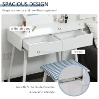 HOMCOM Makeup Vanity Desk with Round Mirror and 2 Drawers, Dressing Table with Cushioned Stool Set for Bedroom (White)(m-4)