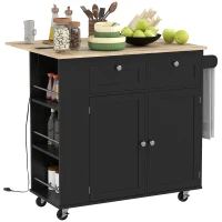 HOMCOM Kitchen Island with Power Outlet and Drop Leaf, Rolling Kitchen Cart with 2 Drawers and Adjustable Shelves, Black(m-9)