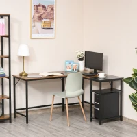 HOMCOM L-Shaped Computer Desk, Industrial Corner Desk with Adjustable Storage Shelf, CPU Tower Stand, Wood Grain Surface(m-1)