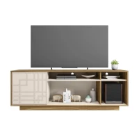 Contemporary Floating TV Stand with Patterned Cabinet Door, Modern Media Entertainment Console for Living Room, 63" L x 14" W x 21" H, Oak Natural Wood+Antique White(m-6)