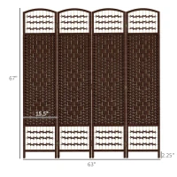 HOMCOM 4 Panel Folding Room Divider Portable Privacy Screen Wave Fiber Room Partition for Home Office Brown(m-3)
