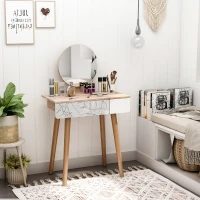 HOMCOM Vanity Desk with Mirror, Makeup Vanity with Drawer and Height Adjustable Mirror, Dressing Table with Wood Legs for Bedroom, Oak(m-1)