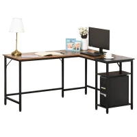 HOMCOM L-Shaped Computer Desk, Industrial Corner Desk with Adjustable Storage Shelf, CPU Tower Stand, Wood Grain Surface(m-11)